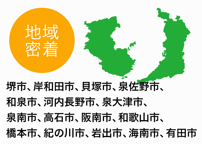 対応エリア: 堺市, 和歌山市, 岸和田市, 貝塚市, 泉佐野市, 和泉市, 河内長野市, 泉大津市, 泉南市, 阪南市, 高石市, 橋本市, 紀の川市, 岩出市, 海南市, 有田市